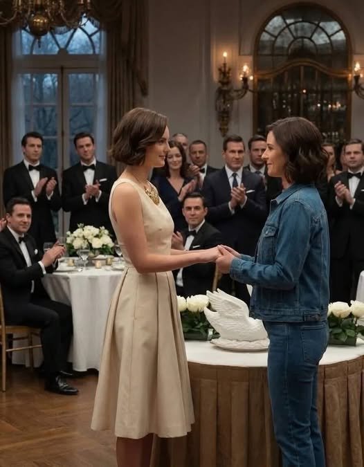 A poised woman in an elegant dress stands in the entrance of a grand ballroom, her confident smile directed at a group of well-dressed women who are whispering and laughing, unaware of her true identity.