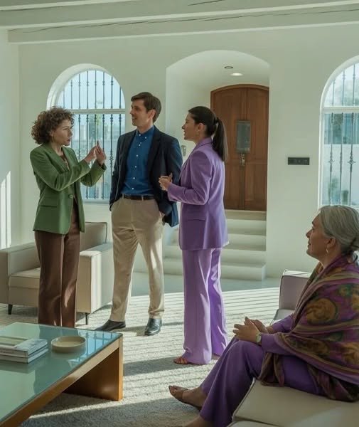 Woman confronting her mother-in-law during a tense family argument while her husband stands silently nearby.