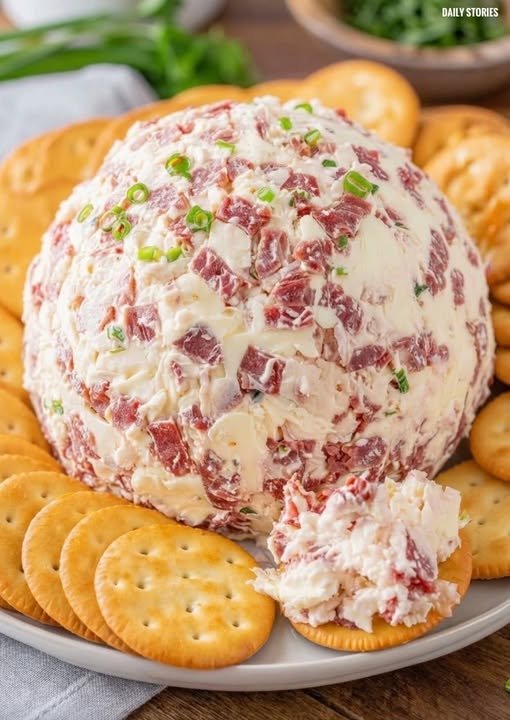 A rustic wooden board holds a creamy chipped beef cheese ball, surrounded by an assortment of crackers and fresh vegetable sticks, with a vintage-style kitchen in the background.