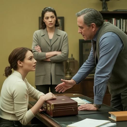 Young woman stands in a modern office after overcoming family betrayal, facing her parents who once denied her future.