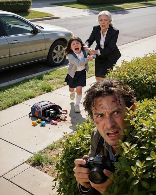 A man crouches behind a bush, his eyes fixed on a neglected house with a bright blue door, his daughter and an older woman walking toward it, his expression a mix of fear and determination.