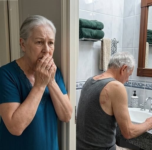 An elderly man sits on the edge of a bed, his shirt lifted to reveal old scars on his back, while his wife and adult son look on with expressions of shock and sorrow.