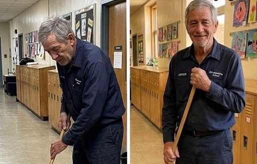 School janitor holding a new pair of work boots after receiving an anonymous act of kindness from a teacher