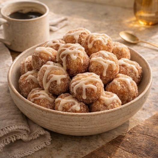 Golden mini cinnamon roll French toast bites drizzled with icing and served warm on a breakfast plate.