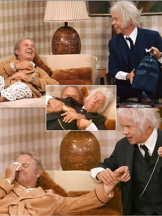 Tim Conway and Harvey Korman in a still from "The Old Doctor" sketch, with Conway as the bumbling doctor and Korman struggling to contain his laughter, both in character costumes.