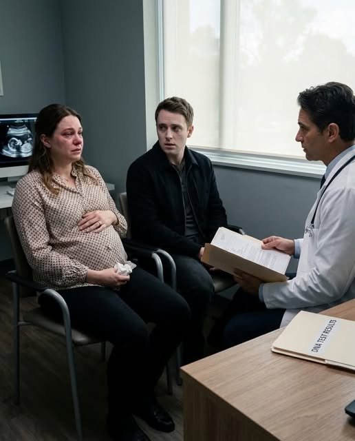 Pregnant woman sitting calmly after a DNA test conflict, holding newborn twins later while an emotional man stands nearby in regret