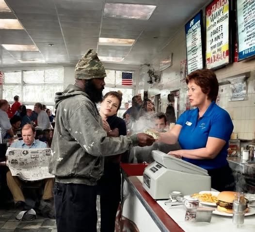 A businessman in a diner kitchen removes a hat and fake beard, revealing his identity to a shocked group of employees, while an older dishwasher looks on with a mix of surprise and gratitude.