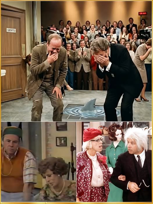 Tim Conway and Harvey Korman mid-sketch, with Conway doubled over in laughter while Korman clutches his stomach, both struggling to maintain composure as the studio audience roars with laughter in the background.