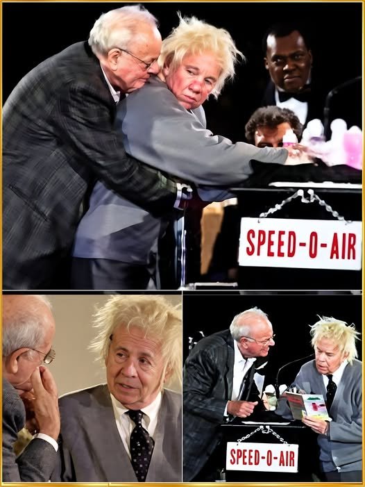 Tim Conway and Harvey Korman sit together in a cozy room, both laughing uncontrollably, their expressions a mix of joy and nostalgia as they share a moment of pure, unscripted comedy.