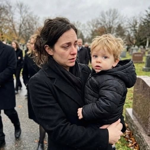 A woman in a black dress stands in a funeral home, her arms wrapped around a baby, her expression a mix of shock, grief, and quiet determination.