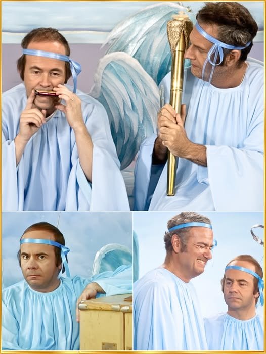 Tim Conway as the "Rookie Angel" with a confused expression, while Harvey Korman, playing the senior angel, doubles over with laughter, clutching his stomach as the studio audience roars in the background.