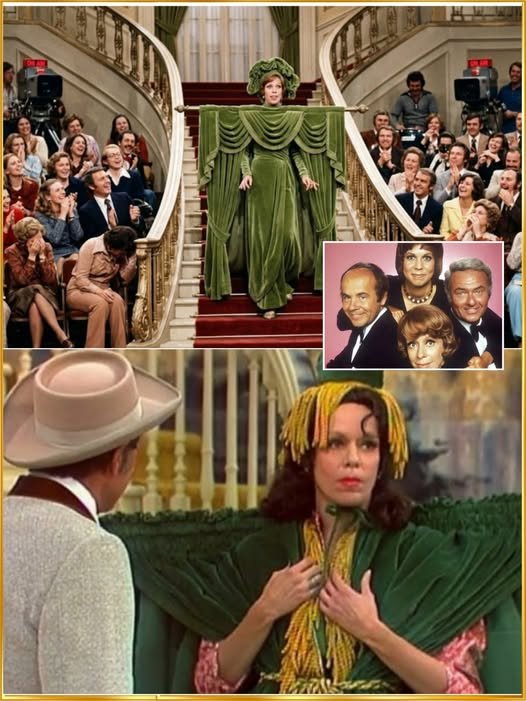 Carol Burnett descending staircase wearing green curtain dress with rod during classic comedy sketch on The Carol Burnett Show.