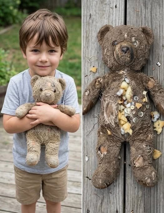 A young boy holds a worn, one-eyed teddy bear close to his chest, his expression serious and protective, as his father looks on with a mix of concern and curiosity.