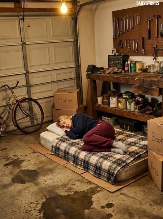 A woman standing alone in a garage doorway, looking conflicted as her husband chooses his mother’s needs over their relationship.