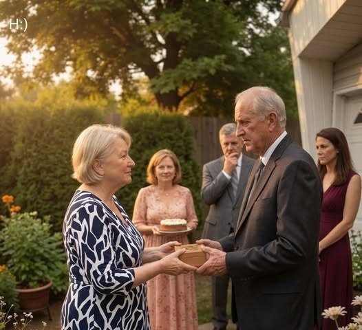 Elderly woman standing calmly at a birthday table after discovering her husband’s secret second family.