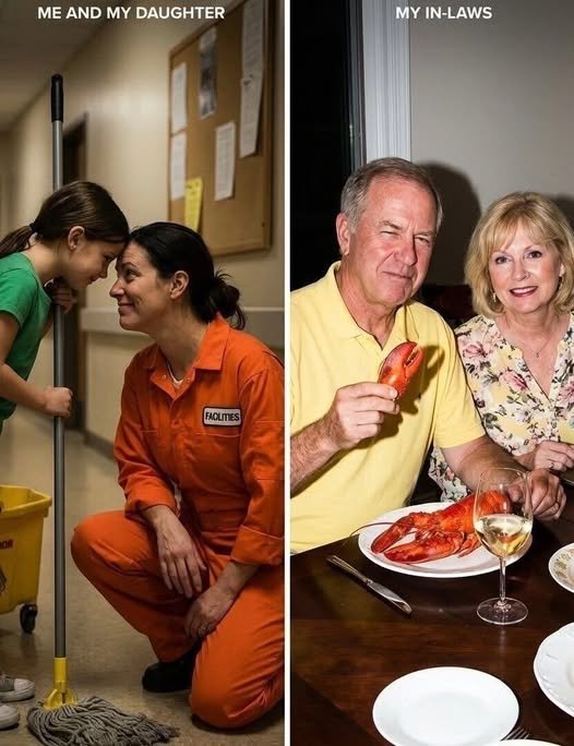 A woman in a janitor’s uniform sits at a dinner table, her head bowed, while her young daughter stands beside her, her expression determined as she faces her grandparents.