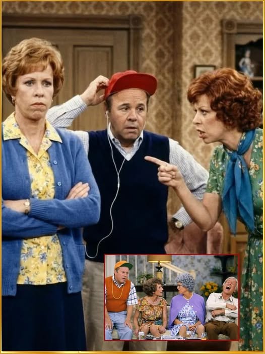 Tim Conway performing a comedic sketch on The Carol Burnett Show while Carol Burnett and Harvey Korman struggle to hold back laughter on set.