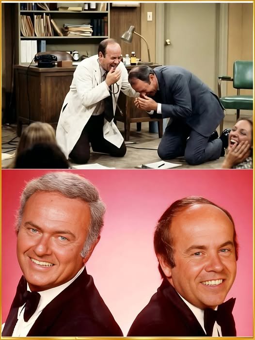 Tim Conway and Harvey Korman mid-sketch, with Conway delivering a line with a straight face while Korman doubles over with laughter, his hand covering his mouth in a failed attempt to compose himself.