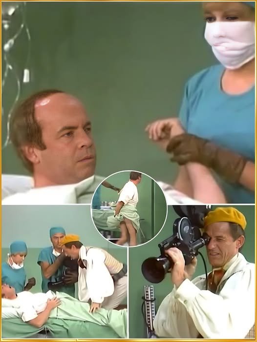 Tim Conway and Harvey Korman mid-sketch in a hospital setting, with Conway delivering a line with a straight face while Korman doubles over with laughter, his hand covering his mouth in a failed attempt to compose himself.