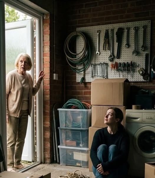 Worried mother standing at her daughter’s front door while her nervous son-in-law blocks the entrance