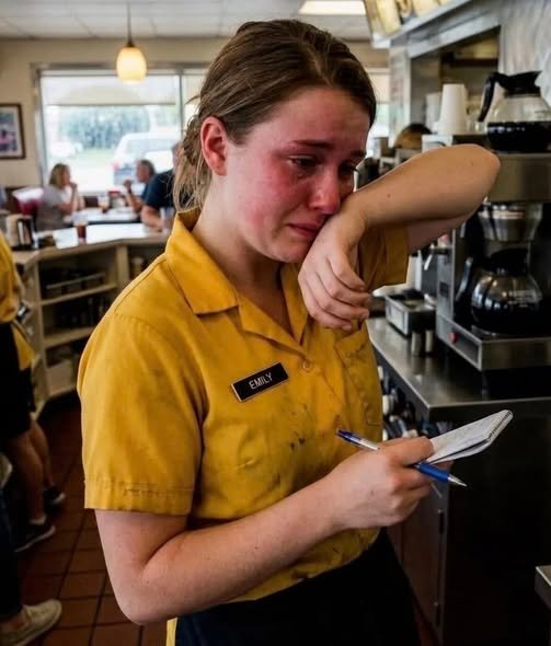 A young woman in a café uniform stands calmly at a table, her expression composed, while an older couple looks at her with a mix of regret and realization.