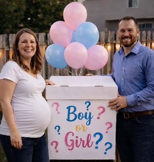 Pregnant woman standing at a gender reveal party while confronting her husband and sister over a secret affair