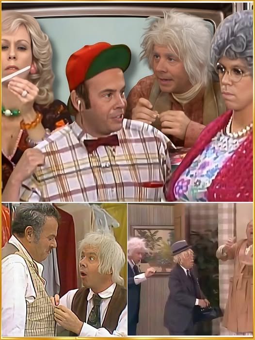 Tim Conway and Harvey Korman mid-sketch on a flimsy scaffold, with Conway delivering a line with a straight face while Korman doubles over with laughter, his hand clutching his stomach as the studio audience roars in the background.