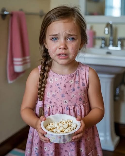 A man in a wedding suit kneels in front of his young daughter, who sits on a bathroom floor in her flower girl dress, her expression serious as she holds a folder.