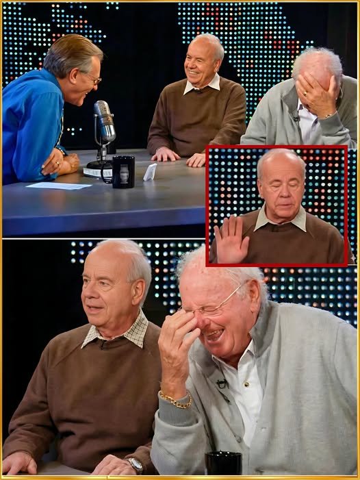 Tim Conway sits across from Larry King, his expression calm and thoughtful as he speaks, embodying the quiet confidence of a comedic legend.