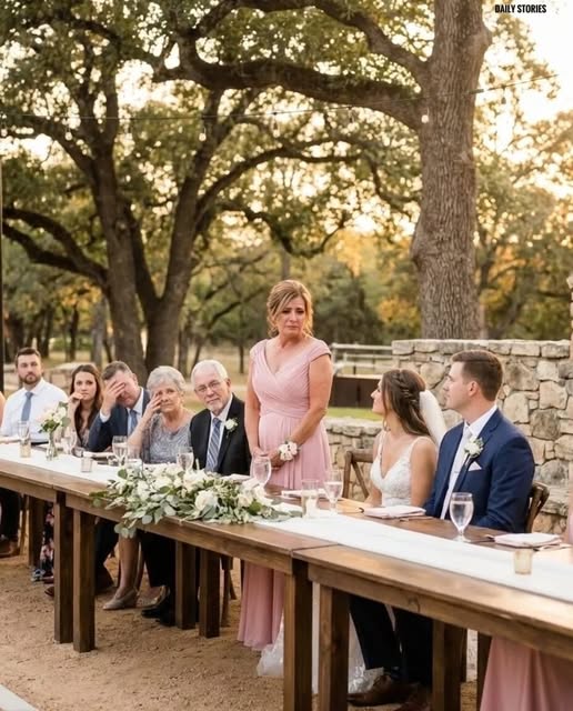 A woman in a modest dress sits at a wedding table, her expression composed, while an older woman across from her leans in with a knowing smile, and her parents look on with disinterest.