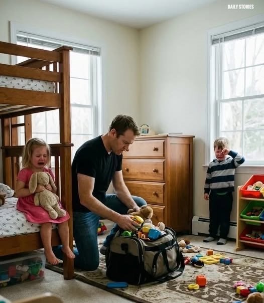 Upset mother watching ex-husband pack children’s toys into a gym bag while kids cry in bedroom