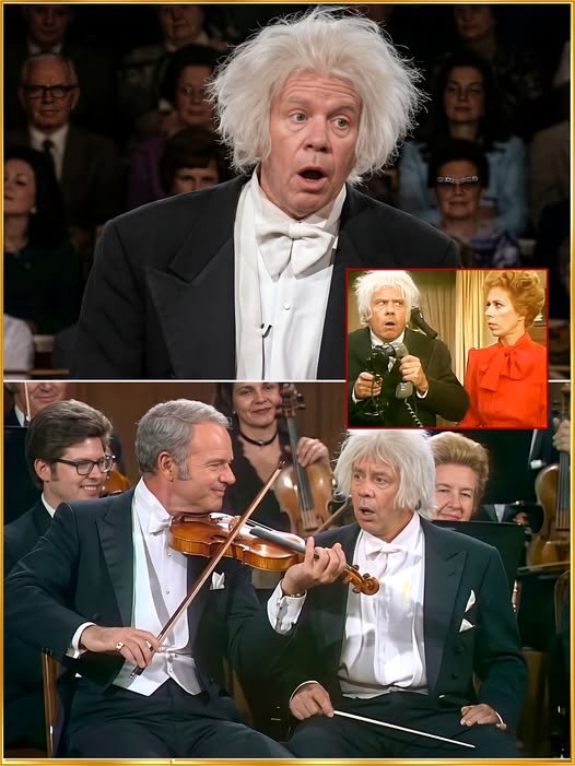 Tim Conway performing chaotic live comedy beside Carol Burnett and Harvey Korman on an elegant stage