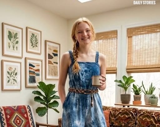A young woman in a handmade prom dress, crafted from patches of denim, stands confidently with her younger brother, both smiling as they pose for a photo.
