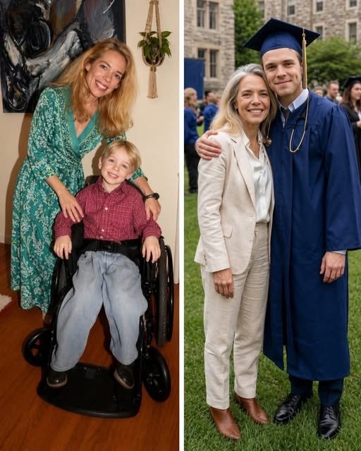A young man in a graduation cap and gown stands at a podium, looking at his mother in the audience with a mix of pride and gratitude, while she wipes away tears.