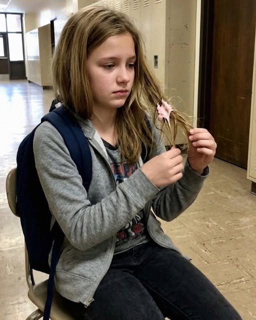 Young student sitting calmly in principal’s office after cruel school prank involving bubblegum in her hair