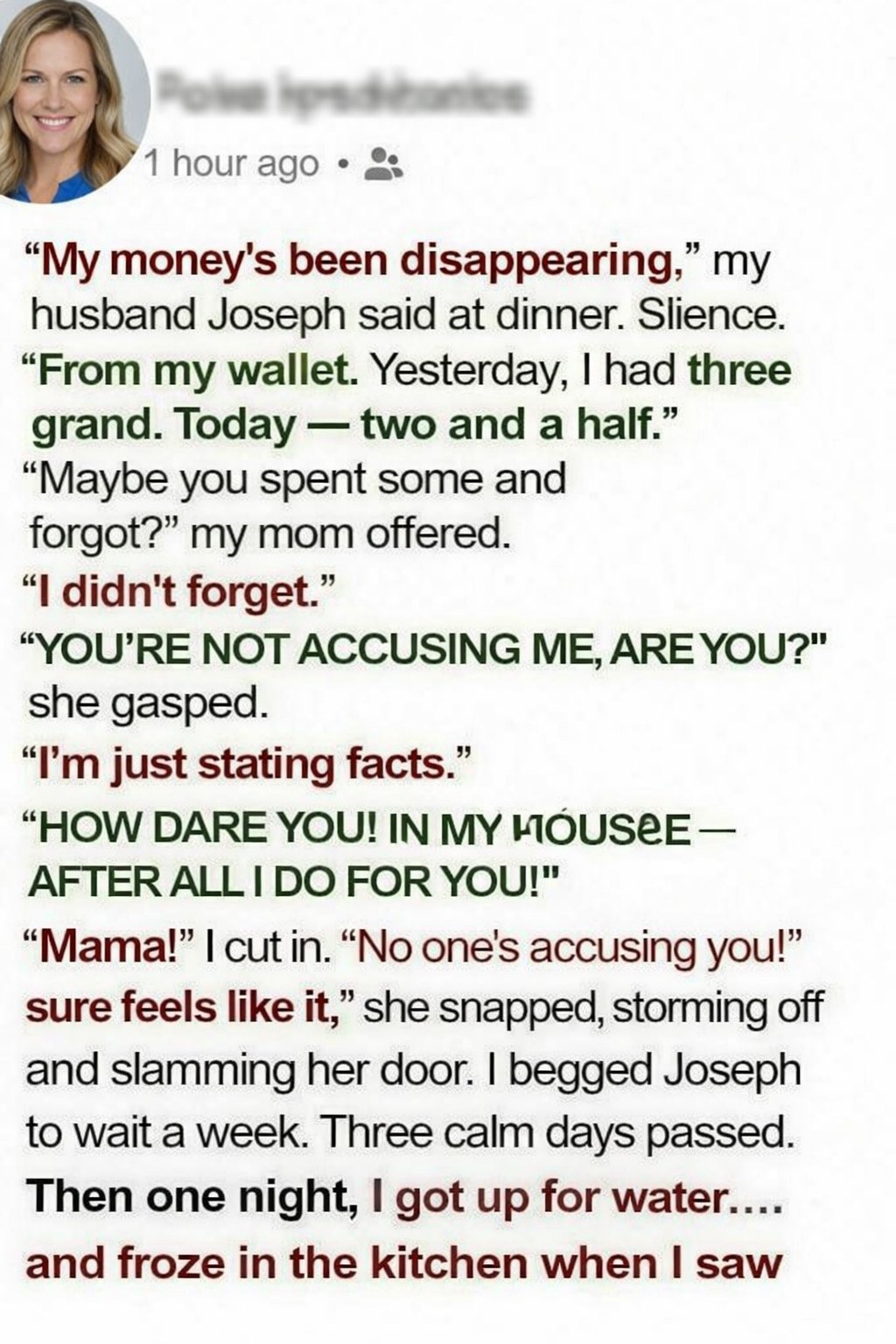 Woman discovers her mother secretly taking money from her husband’s wallet while they live together temporarily.