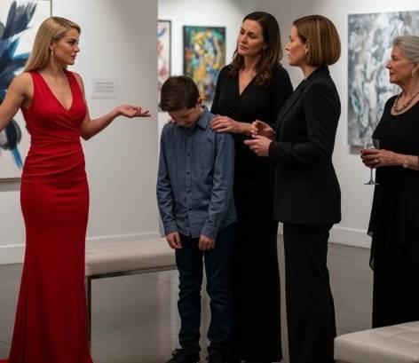 A poised woman stands in an elegant gallery beside her teenage son as stunned guests look on, moments after she reveals she owns the venue where her wealthy relatives had tried to humiliate him.