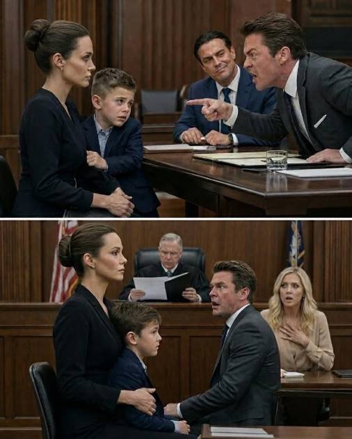 "A tense courtroom scene with a mother comforting her 7-year-old son while her husband and his new partner sit across the table."