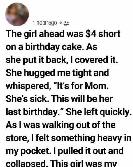 A touching grocery store moment showing a small act of kindness involving a birthday cake and gratitude