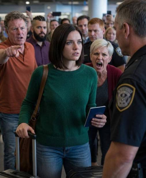 Young woman stands at an airport security checkpoint while her parents accuse her publicly, moments before a customs officer recognizes her situation.