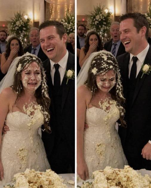 Bride stands shocked and emotional after her groom smashes wedding cake into her face during the reception while guests react in surprise.