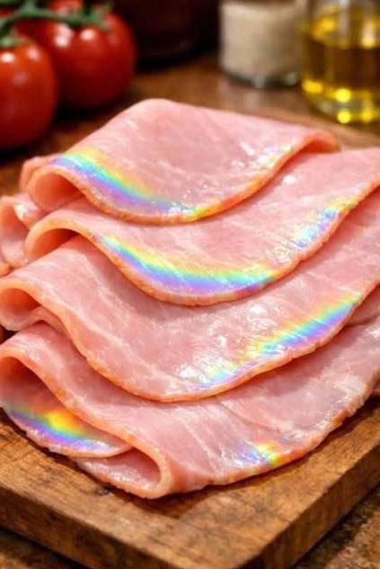 Close-up of sliced deli ham showing rainbow-colored iridescent reflections caused by light interacting with the meat’s surface.