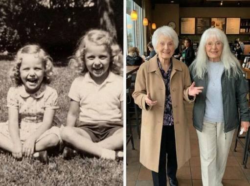 Two elderly women meeting in a café realizing they are long-lost sisters