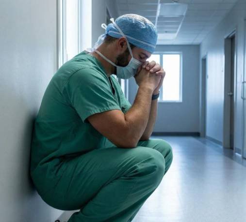 Surgeon in hospital corridor reflecting after saving a patient who later returns for another emergency