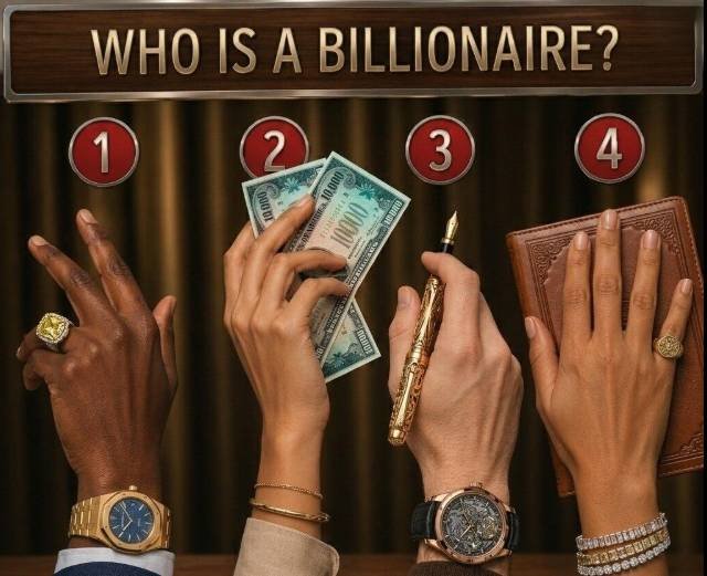 Hands with luxury items and a plain hand in a puzzle about identifying real wealth