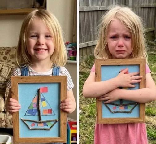 Child holding a handmade gift at a birthday party after an emotional moment involving family conflict
