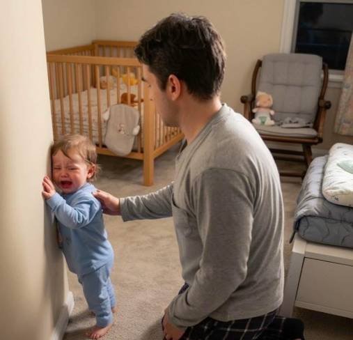 A baby standing in a nursery facing a wall, creating a mysterious and unsettling atmosphere