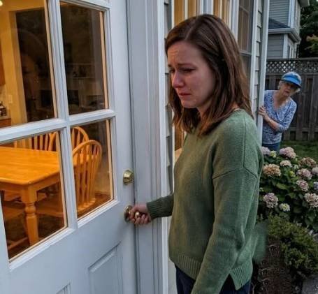 Woman standing outside a locked house after being denied entry, symbolizing family conflict and legal discovery