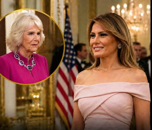 Melania Trump wearing a pale pink gown at a formal White House state dinner with royal guests