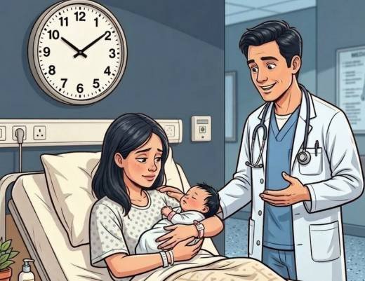 Hospital maternity scene with a hidden detail on a wall clock showing the letter B instead of the number 8